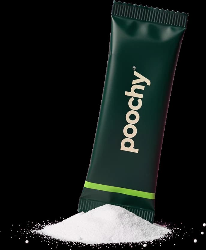 Poochy Peptide Powder stick sachet with a pile of the powder